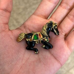 Black enamel Gold tone Carousel horse brooch pin